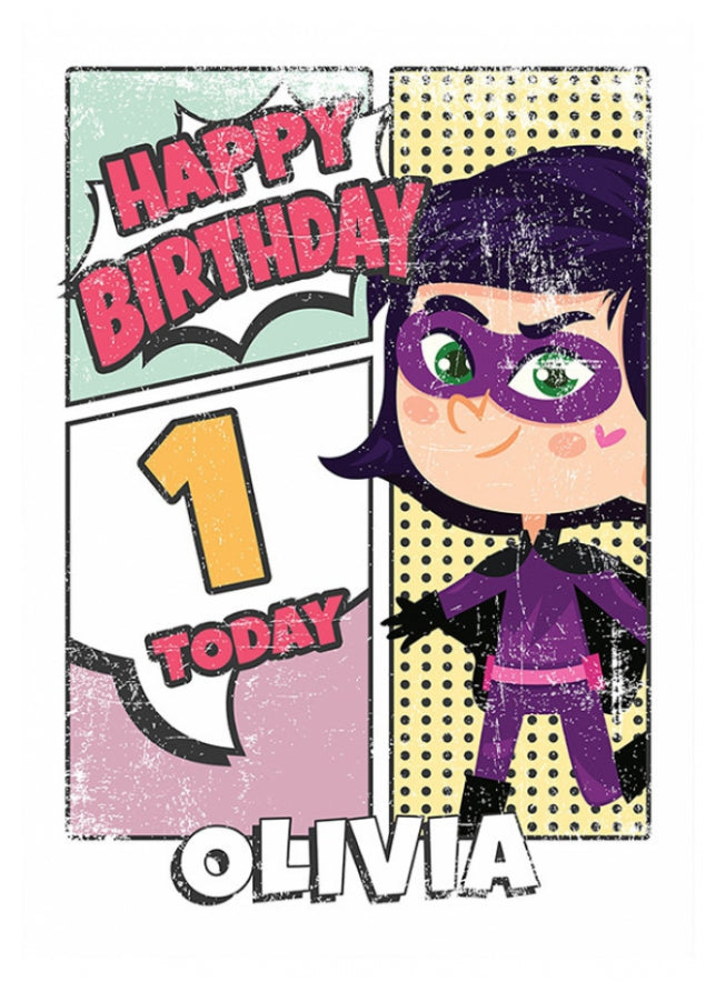 Superhero 1st Birthday Card for Girls (comic)