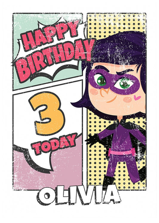 Superhero 3rd Birthday Card for Girls (comic)