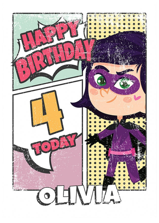 Superhero 4th Birthday Card for Girls (comic)