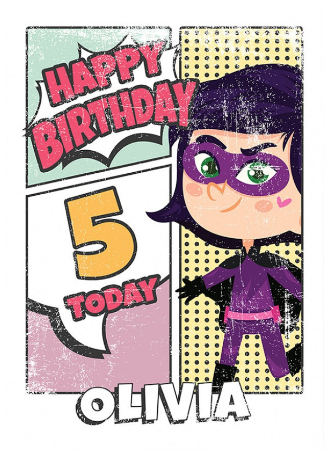 Superhero 5th Birthday Card for Girls (comic)