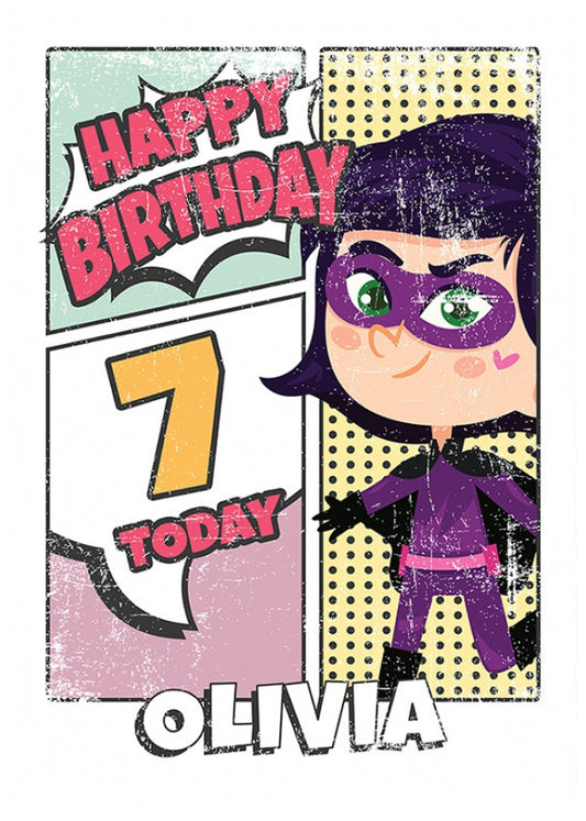 Superhero 7th Birthday Card for Girls (comic)