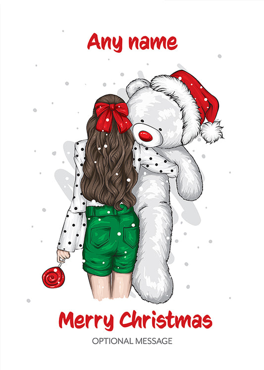 Personalised Girls Christmas Cards - Brunette with Teddy