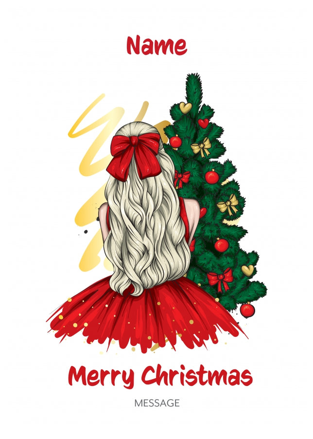 Personalised Girls Christmas Cards - Blonde in Red Dress