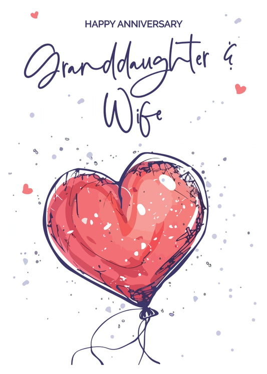 Granddaughter and Wife Anniversary Card - Red Heart Shaped Balloon