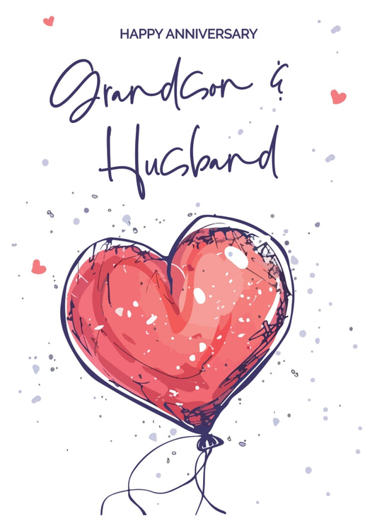 Grandson and Husband Anniversary Card - Red Heart Shaped Balloon