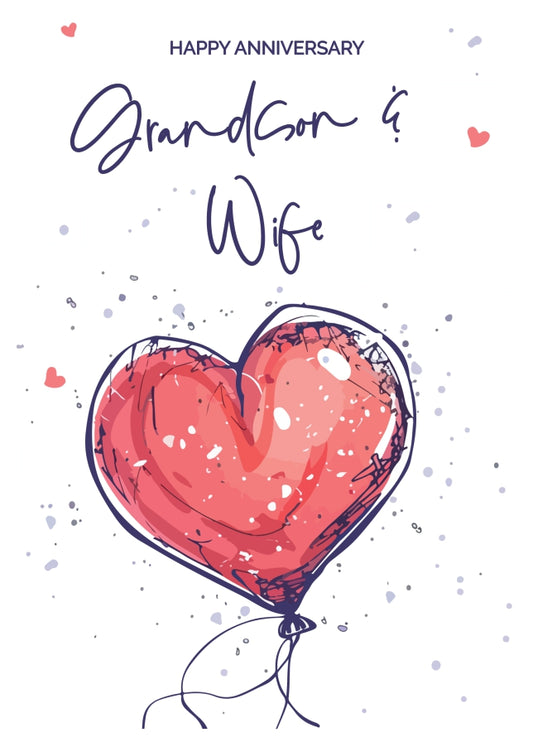 Grandson and Wife Anniversary Card - Red Heart Shaped Balloon