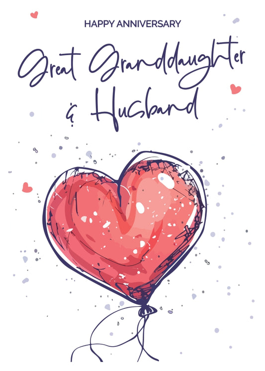 Great Granddaughter and Husband Anniversary Card - Red Heart Shaped Balloon