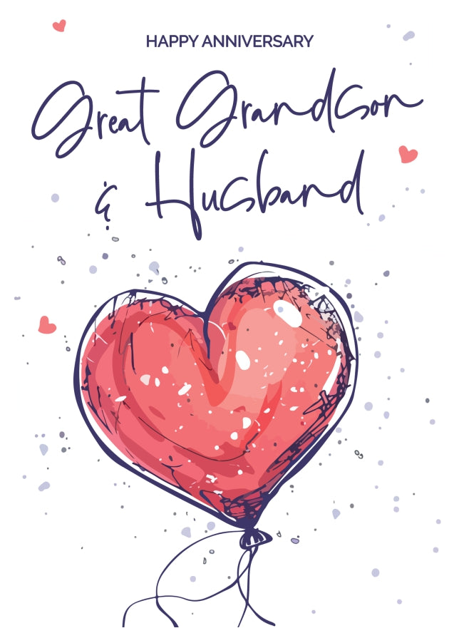 Great Grandson and Husband Anniversary Card - Red Heart Shaped Balloon