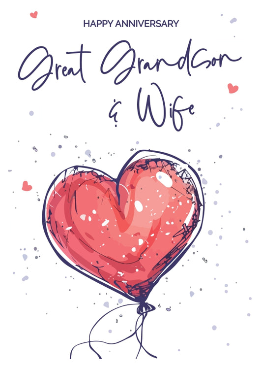 Great Grandson and Wife Anniversary Card - Red Heart Shaped Balloon