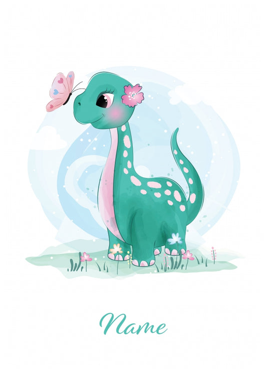 Personalised Green Dinosaur Playing With Butterfly Card