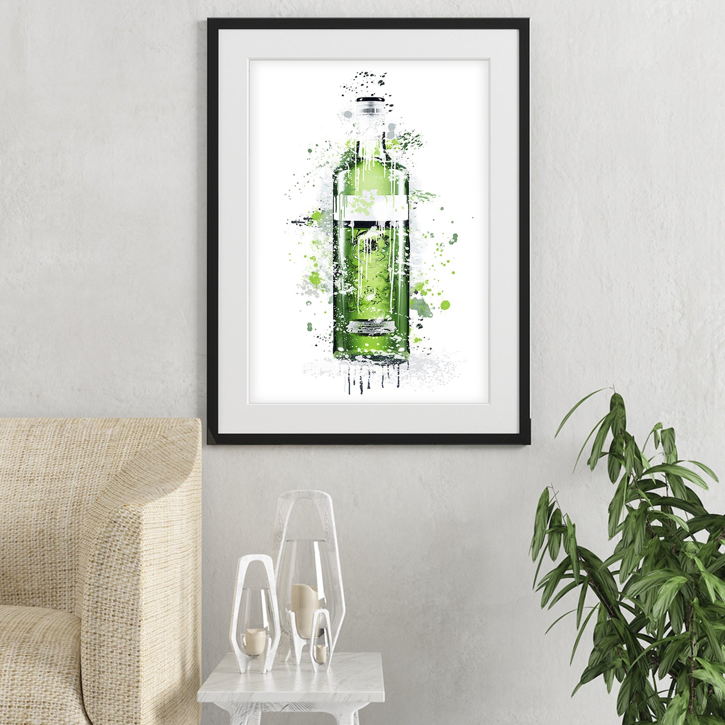 gin bottle wall art shown in a living room