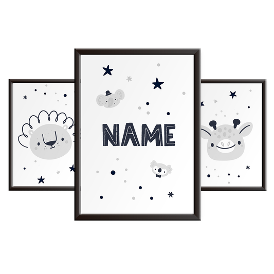 Personalised Grey Jungle Animal Nursery Print Set