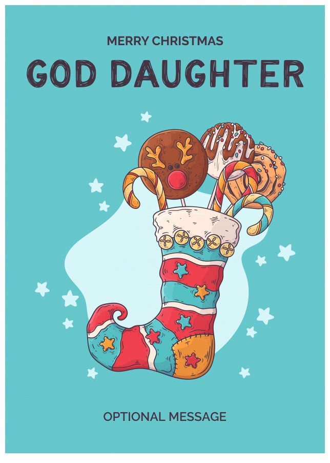 God Daughter Christmas Card - Hand Drawn Stocking