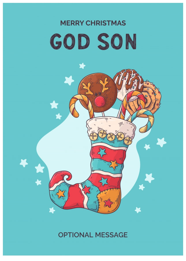 God Son Christmas Card - Hand Drawn Stocking