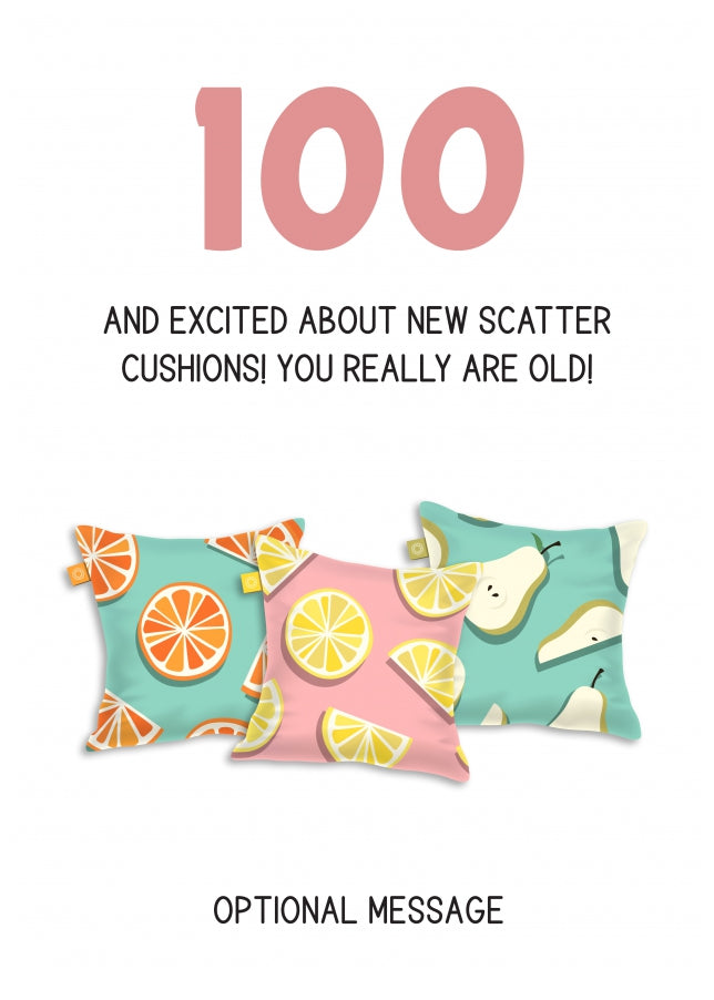 Happy 100th Birthday Card - Excited About Scatter Cushions!