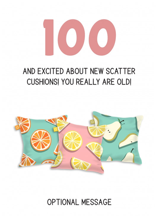 Happy 100th Birthday Card - Excited About Scatter Cushions!