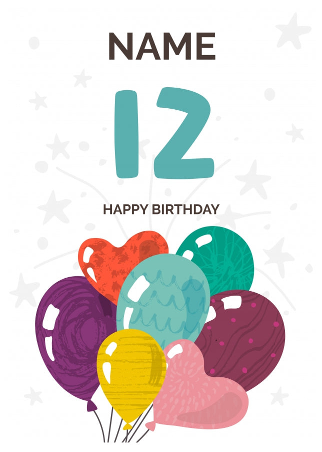 Happy 12th Birthday Card - Fun Balloons Design