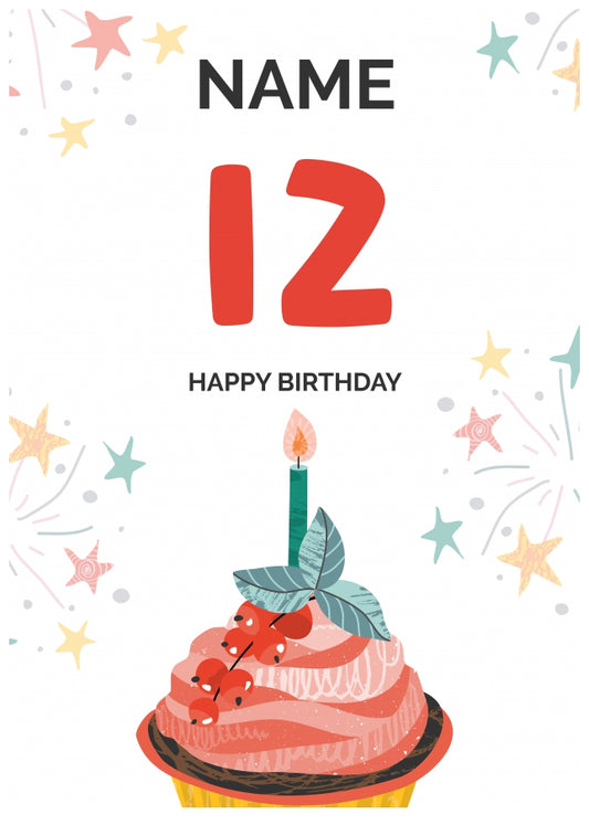 Happy 12th Birthday Card - Fun Cupcake Design