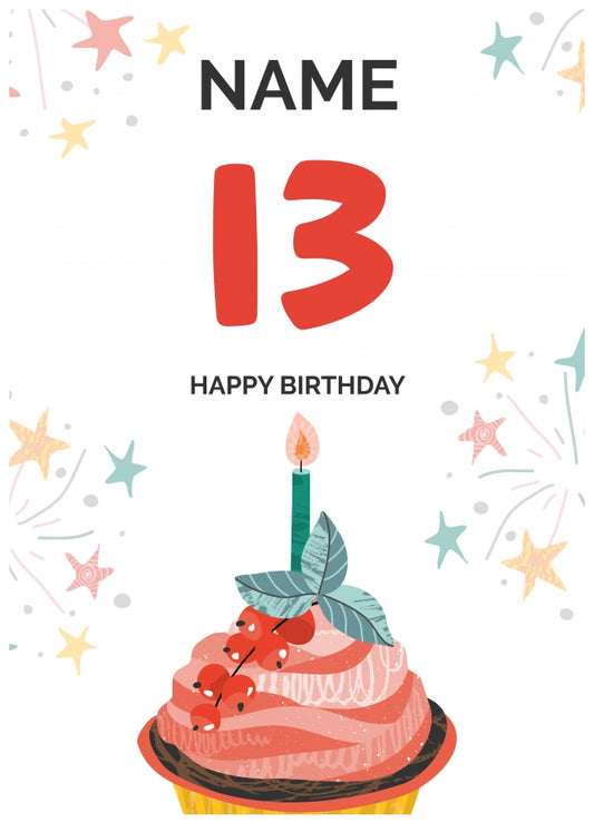 Happy 13th Birthday Card - Fun Cupcake Design