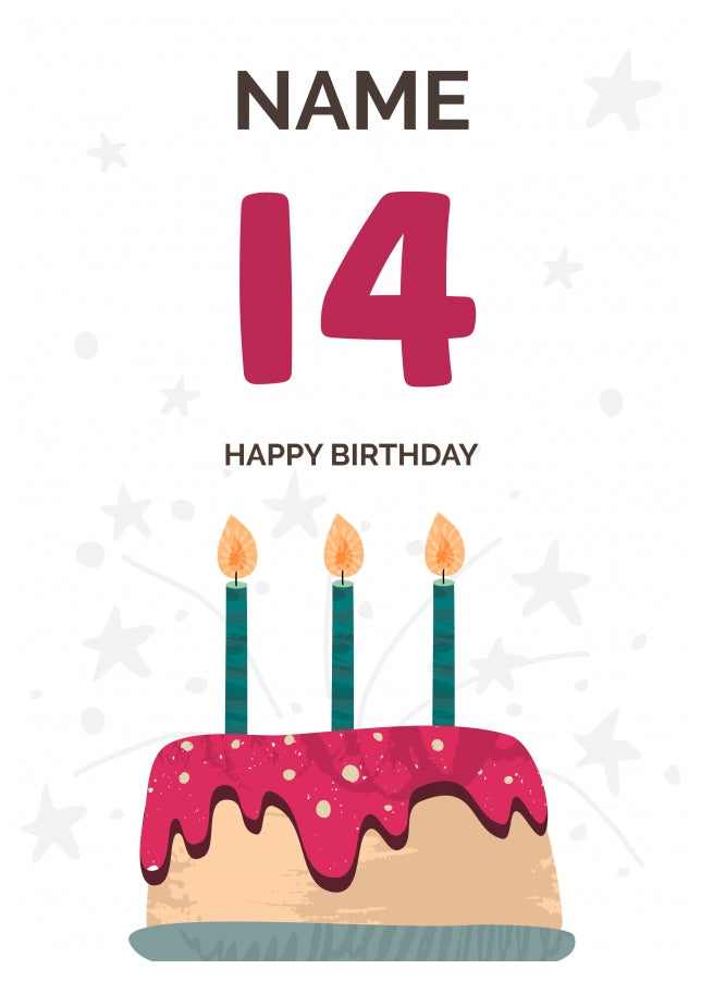 Happy 14th Birthday Card - Fun Birthday Cake Design