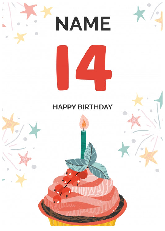 Happy 14th Birthday Card - Fun Cupcake Design