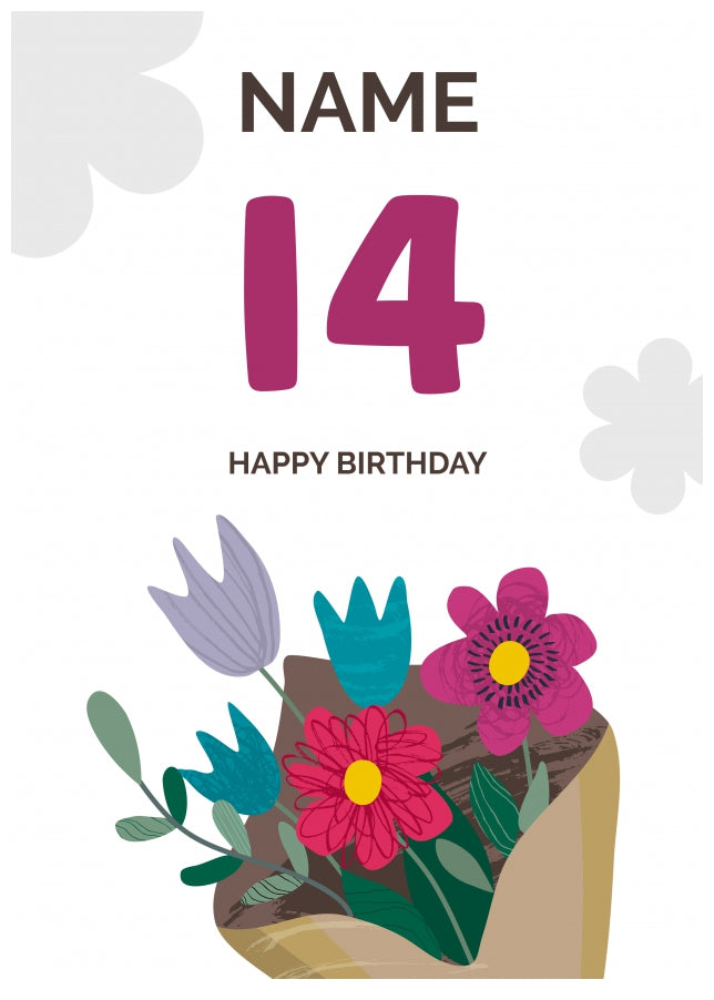 Happy 14th Birthday Card - Bouquet of Flowers