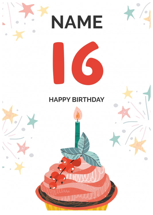 Happy 16th Birthday Card - Fun Cupcake Design