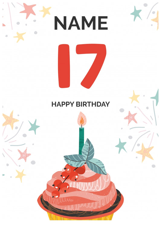 Happy 17th Birthday Card - Fun Cupcake Design