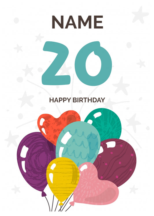 Happy 20th Birthday Card - Fun Balloons Design