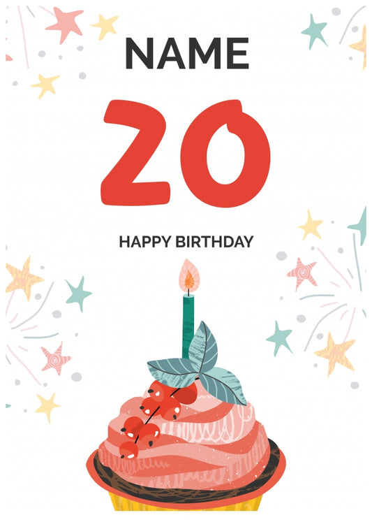 Happy 20th Birthday Card - Fun Cupcake Design