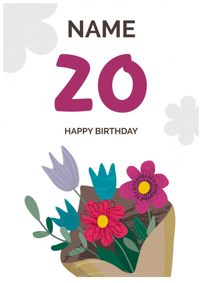 Happy 20th Birthday Card - Bouquet of Flowers