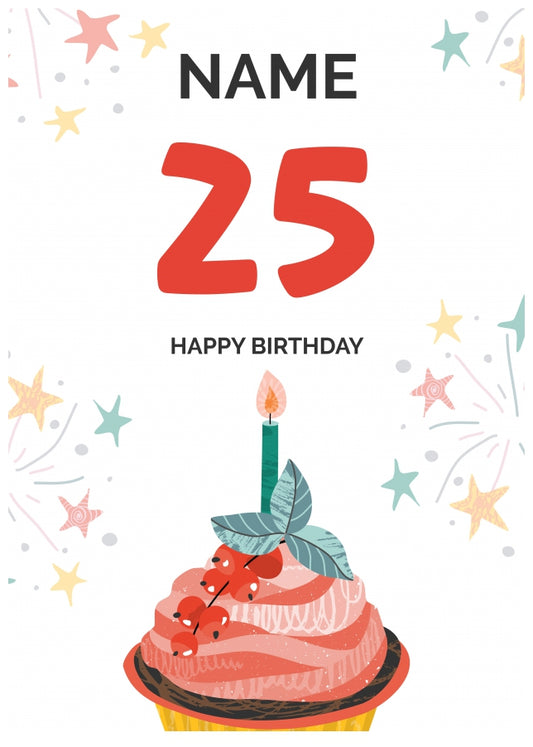 Happy 25th Birthday Card - Fun Cupcake Design