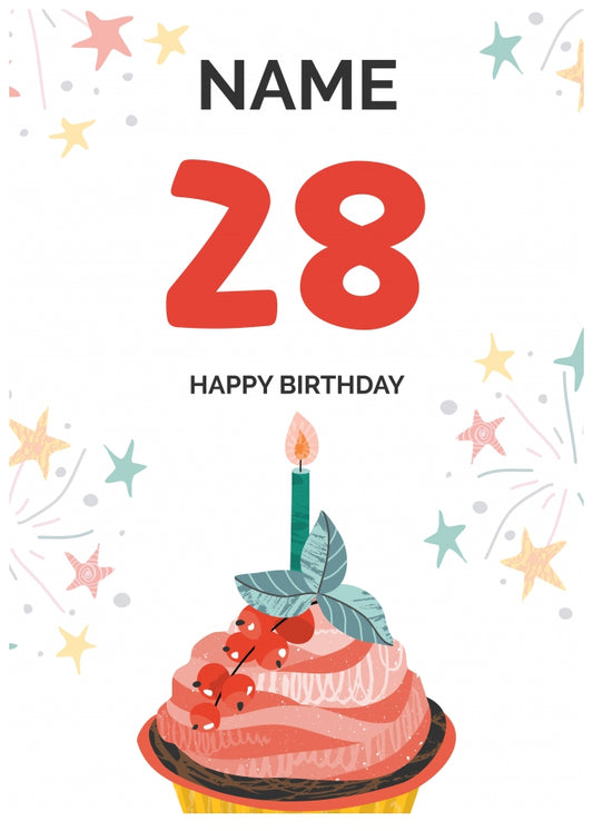 Happy 28th Birthday Card - Fun Cupcake Design