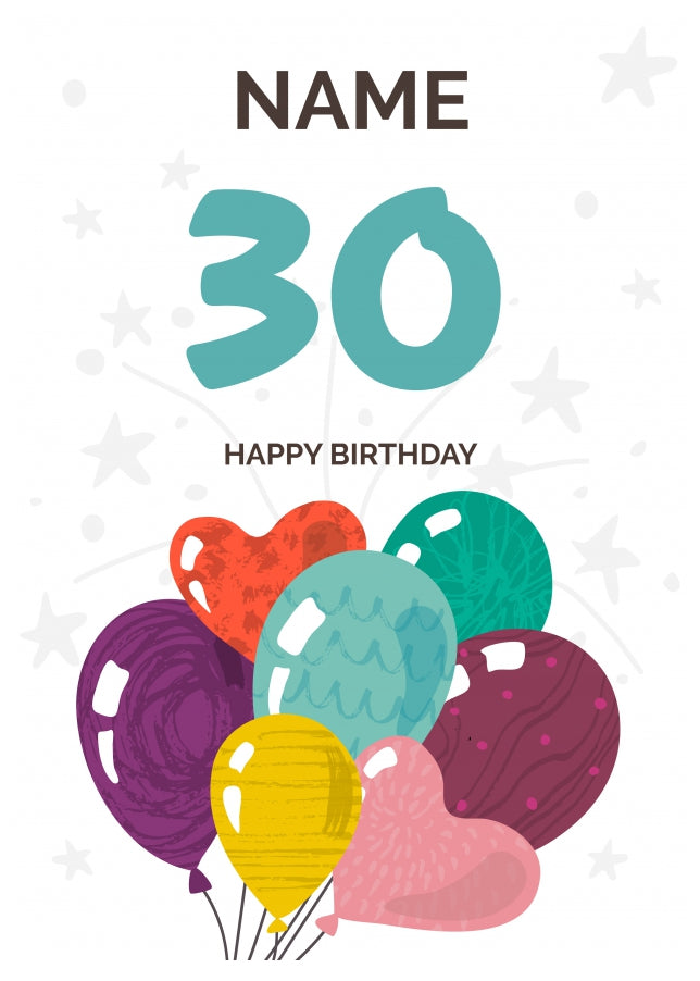 Happy 30th Birthday Card - Fun Balloons Design