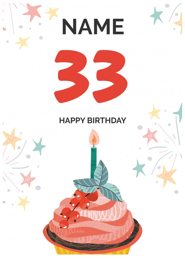 Happy 33rd Birthday Card - Fun Cupcake Design