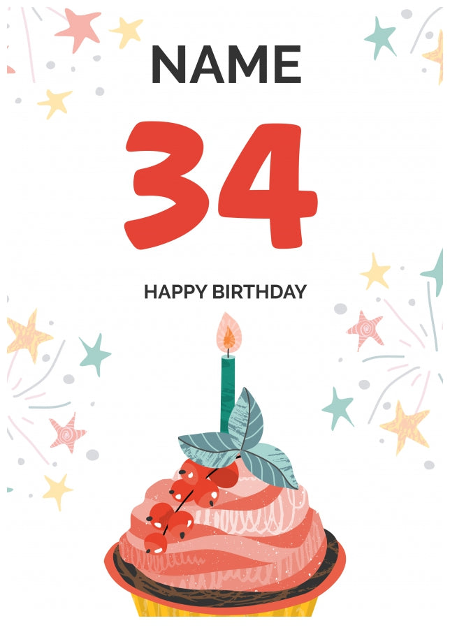 Happy 34th Birthday Card - Fun Cupcake Design