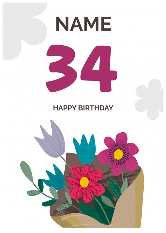 Happy 34th Birthday Card - Bouquet of Flowers