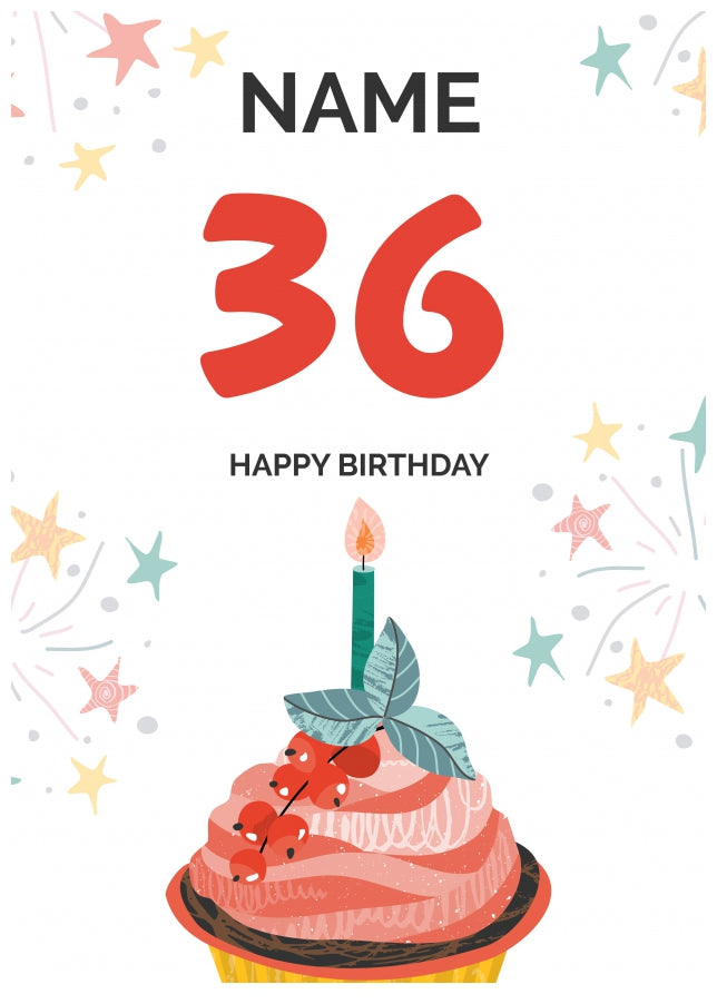 Happy 36th Birthday Card - Fun Cupcake Design