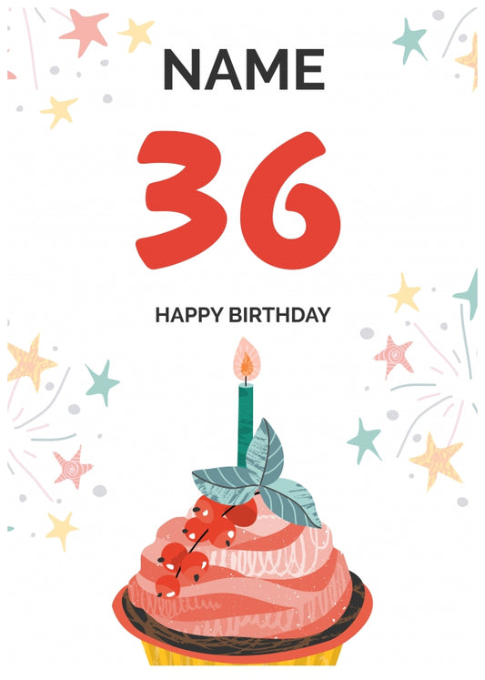 Happy 36th Birthday Card - Fun Cupcake Design