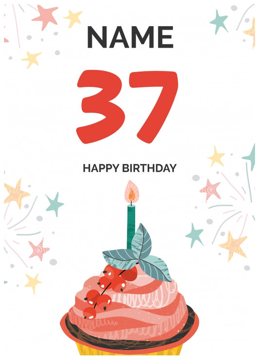 Happy 37th Birthday Card - Fun Cupcake Design