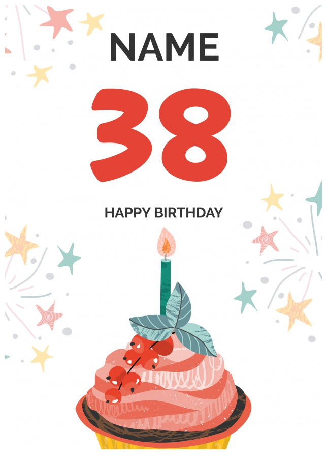 Happy 38th Birthday Card - Fun Cupcake Design