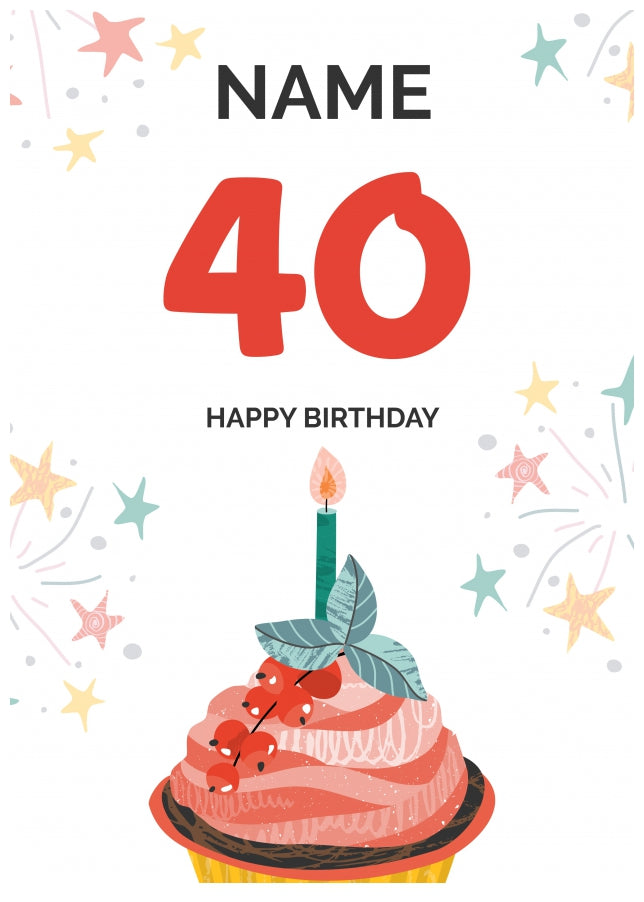 Happy 40th Birthday Card - Fun Cupcake Design