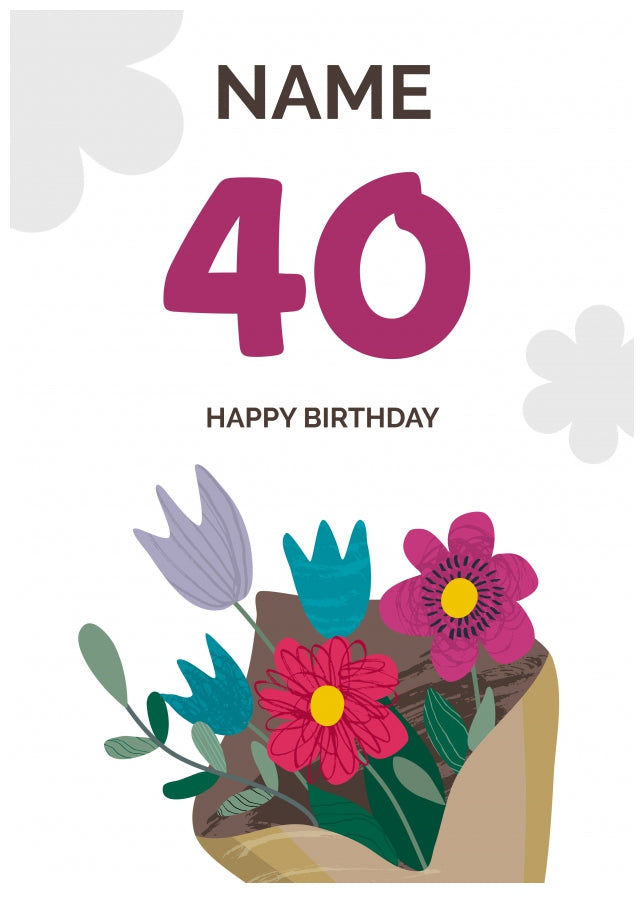 Happy 40th Birthday Card - Bouquet of Flowers