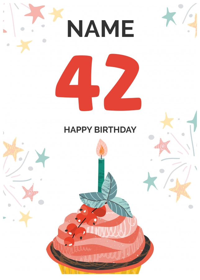 Happy 42nd Birthday Card - Fun Cupcake Design