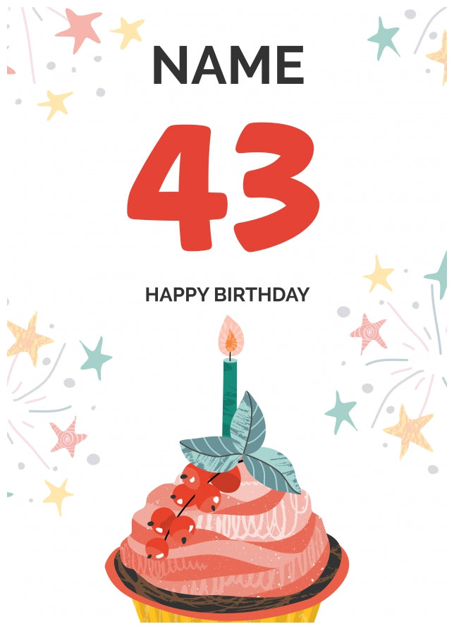 Happy 43rd Birthday Card - Fun Cupcake Design