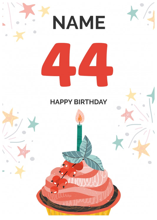 Happy 44th Birthday Card - Fun Cupcake Design