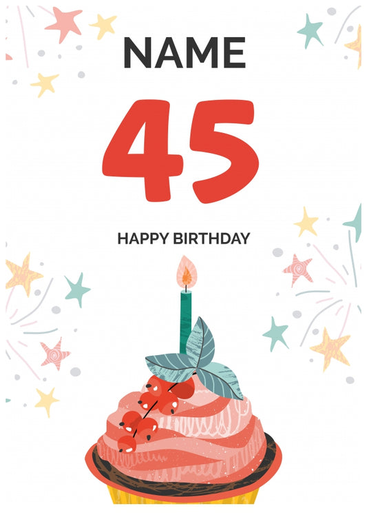 Happy 45th Birthday Card - Fun Cupcake Design