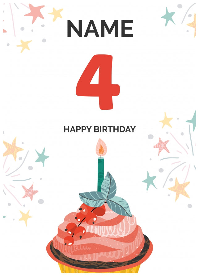 Happy 4th Birthday Card - Fun Cupcake Design