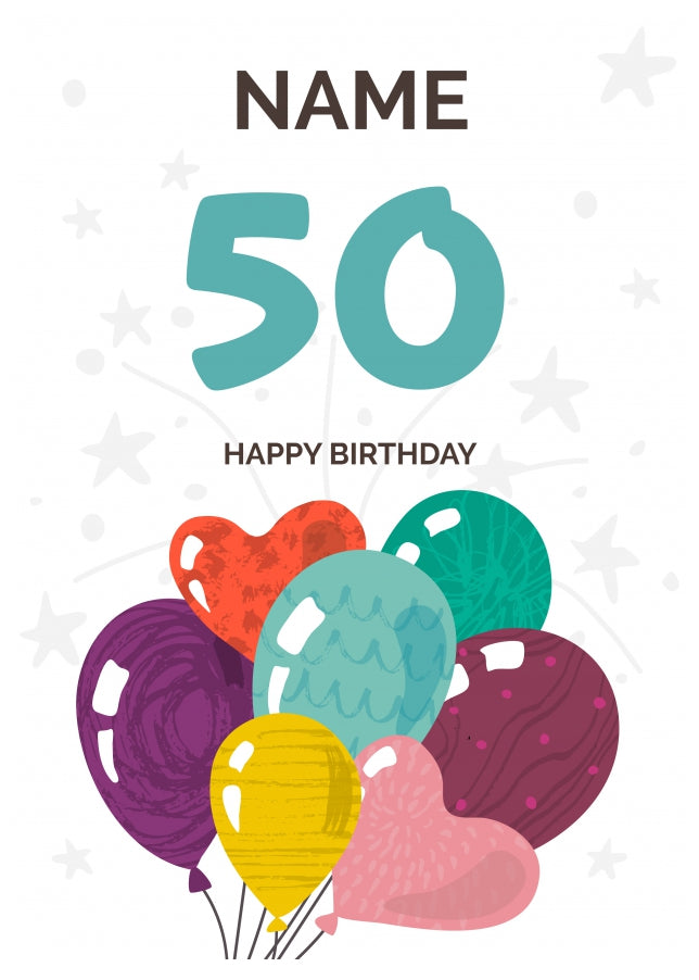 Happy 50th Birthday Card - Fun Balloons Design