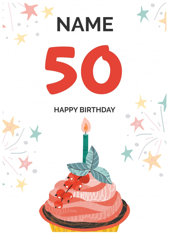 Happy 50th Birthday Card - Fun Cupcake Design